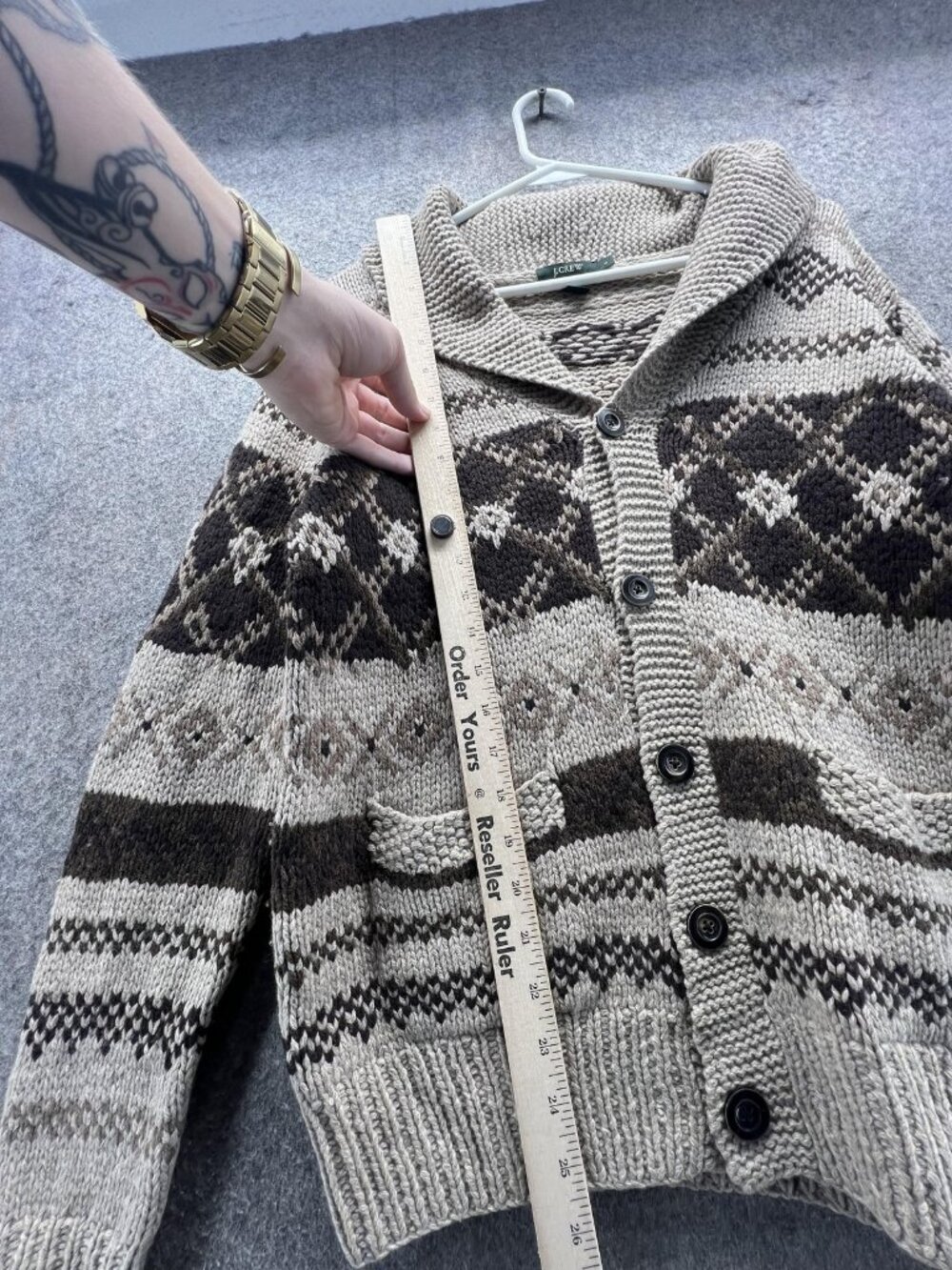 J.Crew Sweater Mens Small Beige Wool Cardigan Shawl Collar Fair Isle Knit Aztec - Picture 2 of 12